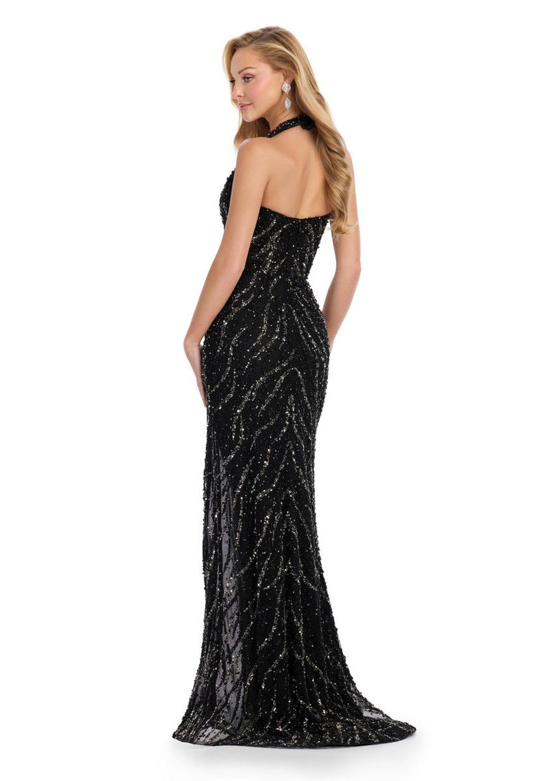 ASHLEYlauren Beaded Illusion Halter Long Prom Dress 11964