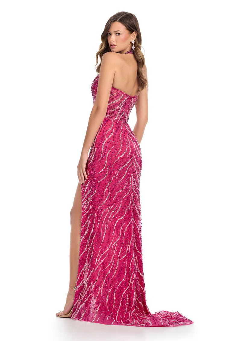 ASHLEYlauren Beaded Illusion Halter Long Prom Dress 11964