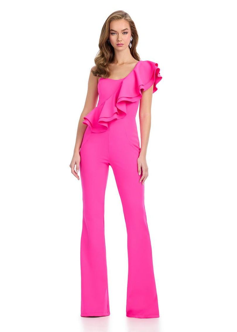 ASHLEYlauren  One Shoulder Scuba Ruffle Jumpsuit 11965