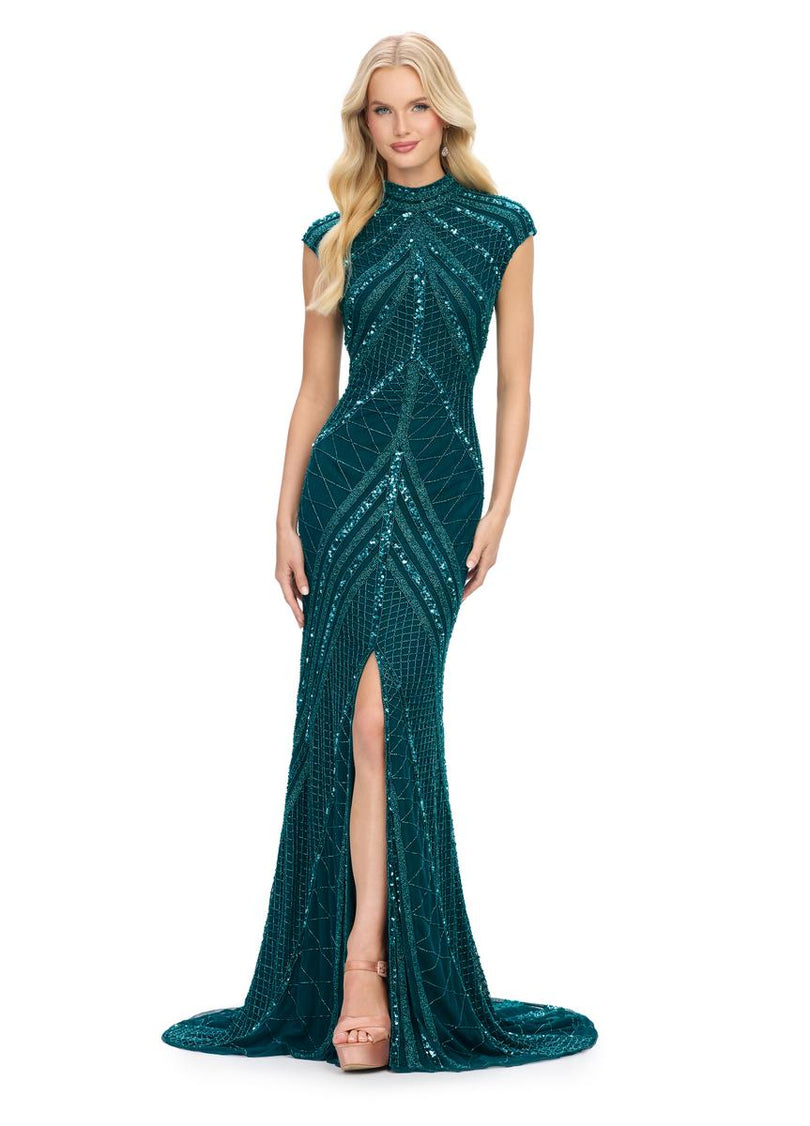 AshleyLauren Cap Sleeve Beaded Prom Dress 1624 - B