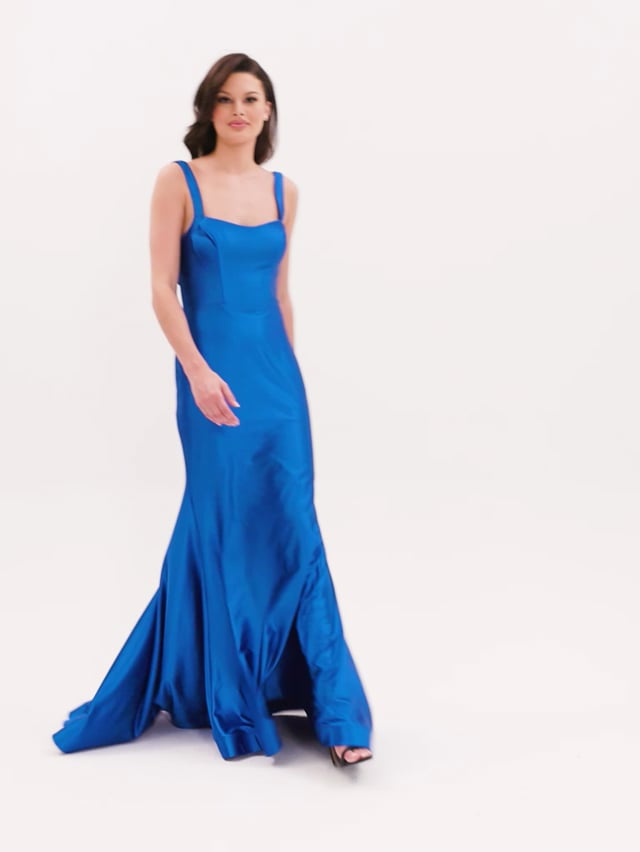 Square-neck Satin A-line Maxi Bridesmaid Dress With Front Slit In Cobalt  Blue
