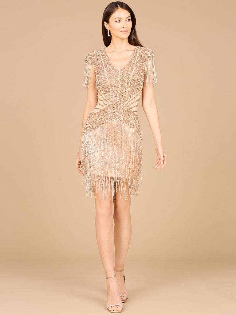 Lara Beaded Fringe Short Dress with Cap Sleeves 29123