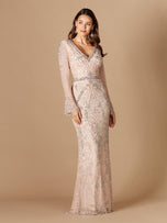 Lara Long Bell Sleeve V-Neck Beaded Evening Gown 29358