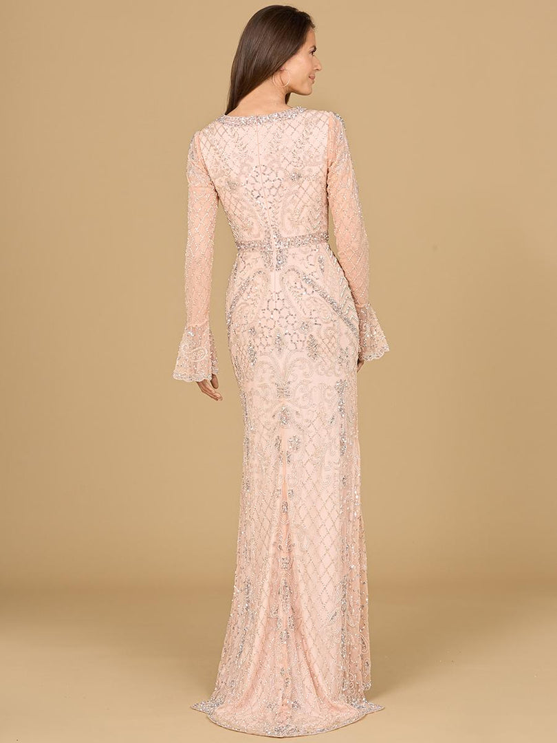 Lara Long Bell Sleeve V-Neck Beaded Evening Gown 29358