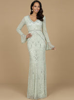 Lara Long Bell Sleeve V-Neck Beaded Evening Gown 29358