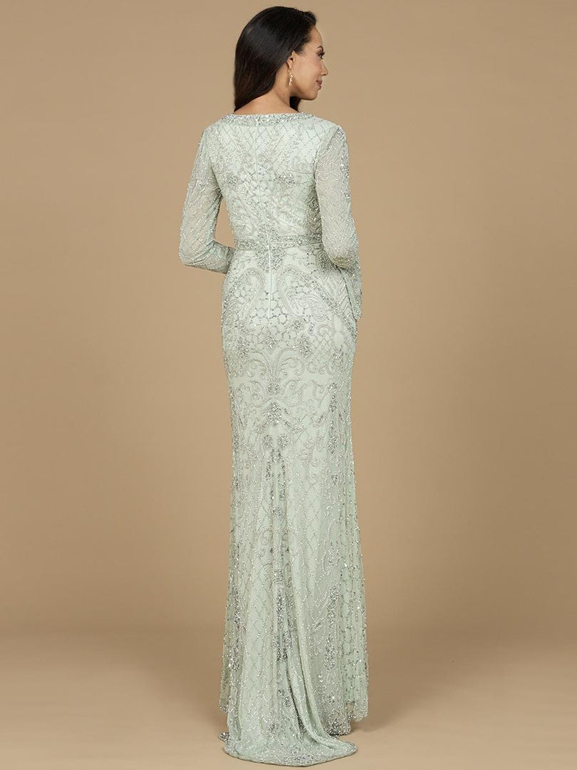 Lara Long Bell Sleeve V-Neck Beaded Evening Gown 29358