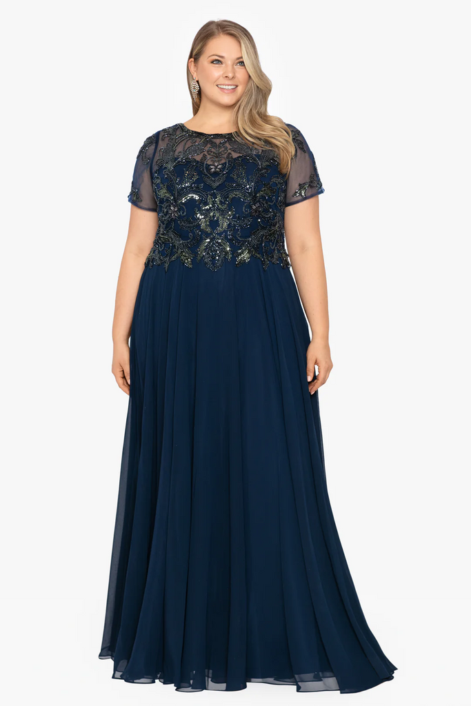 Xscape Evenings "Jerri" Beaded Short Sleeve Chiffon Gown 4230XW