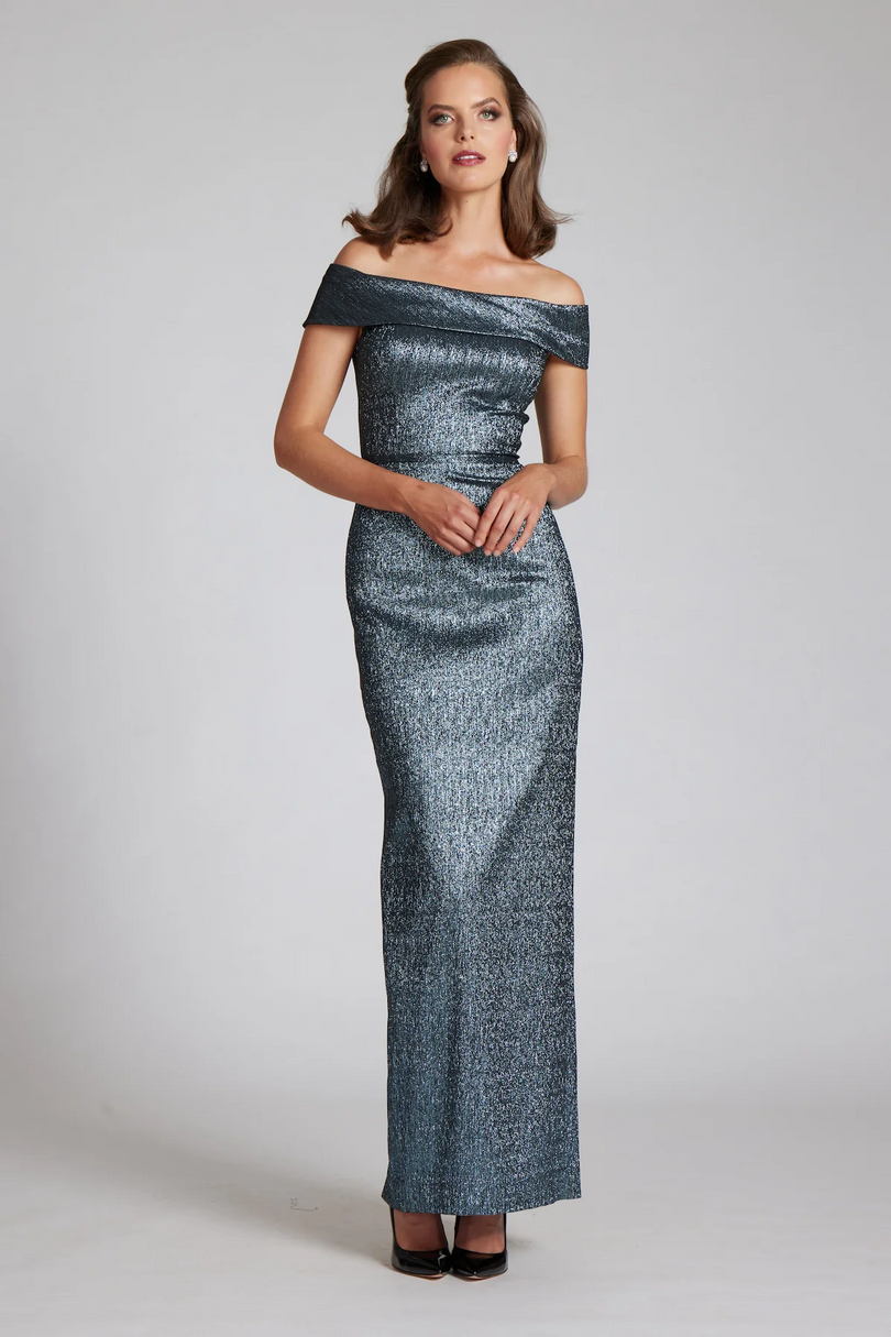 Teri Jon Jacquard Off the Shoulder Column Gown 47240