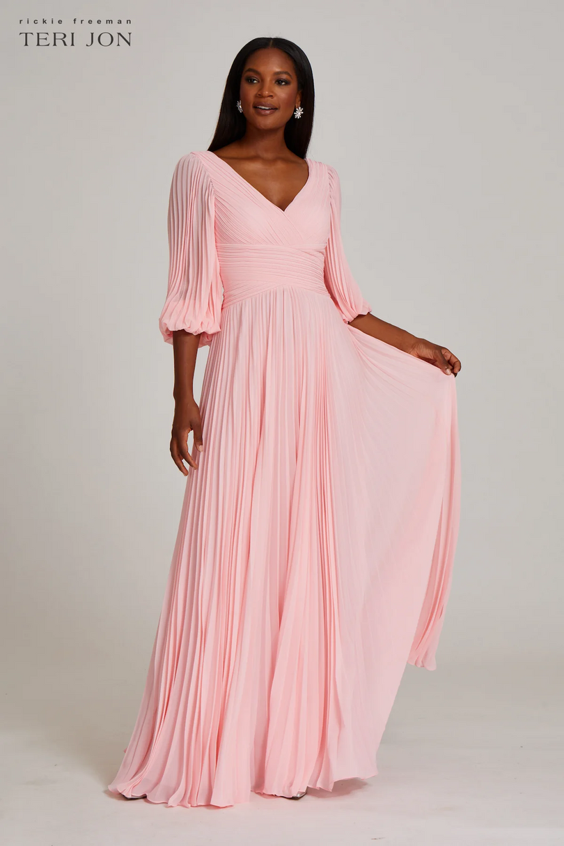 Teri Jon Pleated Chiffon Puff Sleeve Evening Dress 209098