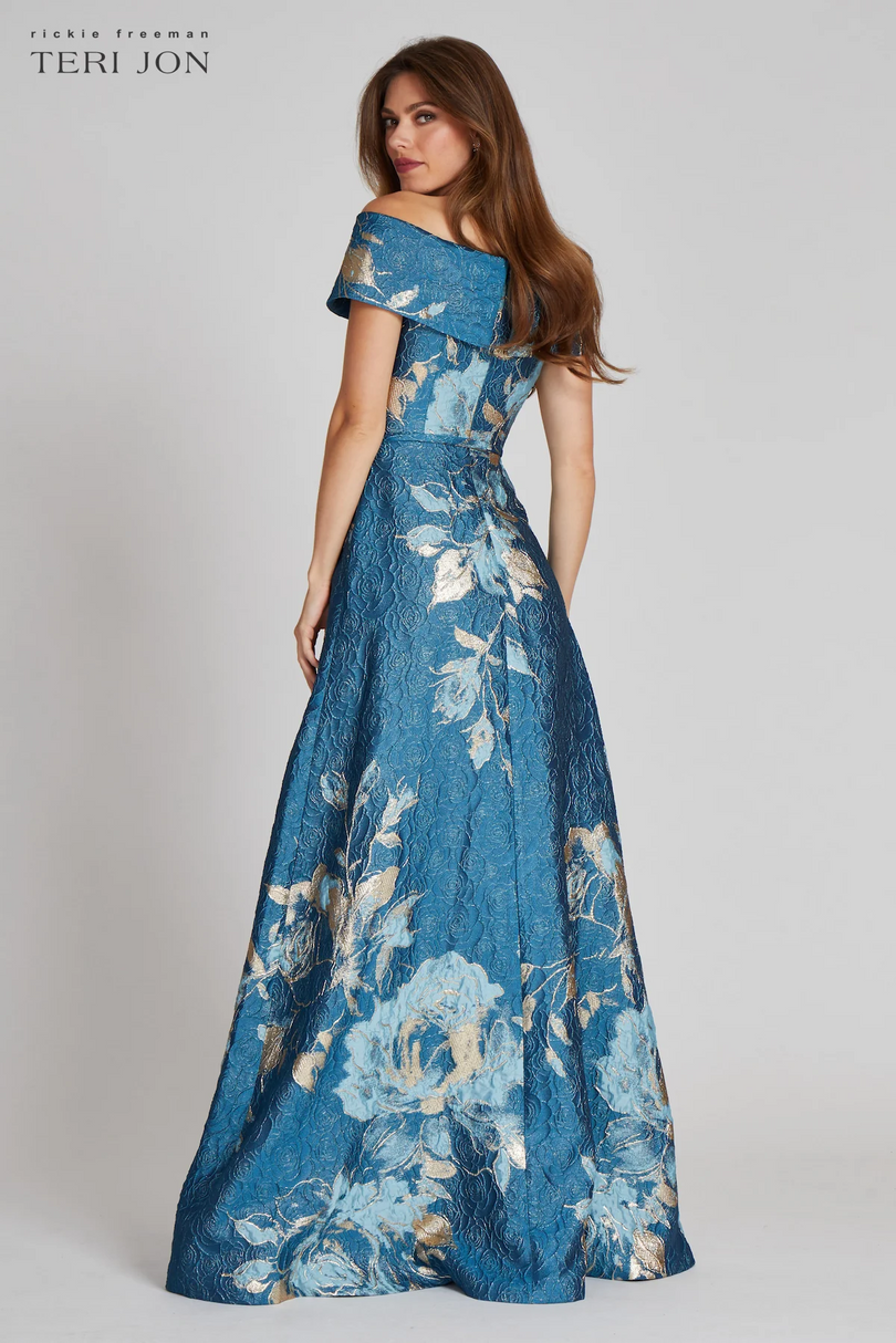 Teri Jon Floral Jacquard Off the Shoulder Gown 217048