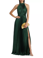 Monique Lhuillier "Jacqueline" Satin Pleated Halter Gown 44112208