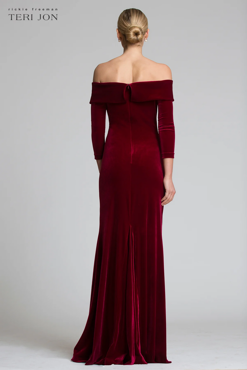 Teri Jon Off The Shoulder Stretch Velvet Evening Gown 67037