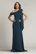 Tadashi Shoji Cassia Bow-Shoulder Crepe Evening Gown ALG18371L