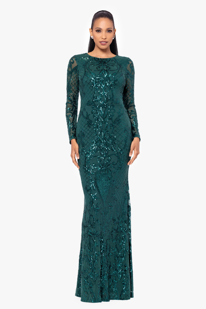 Betsy and Adam Long Sleeve Sequin "Nara" Dress A26776