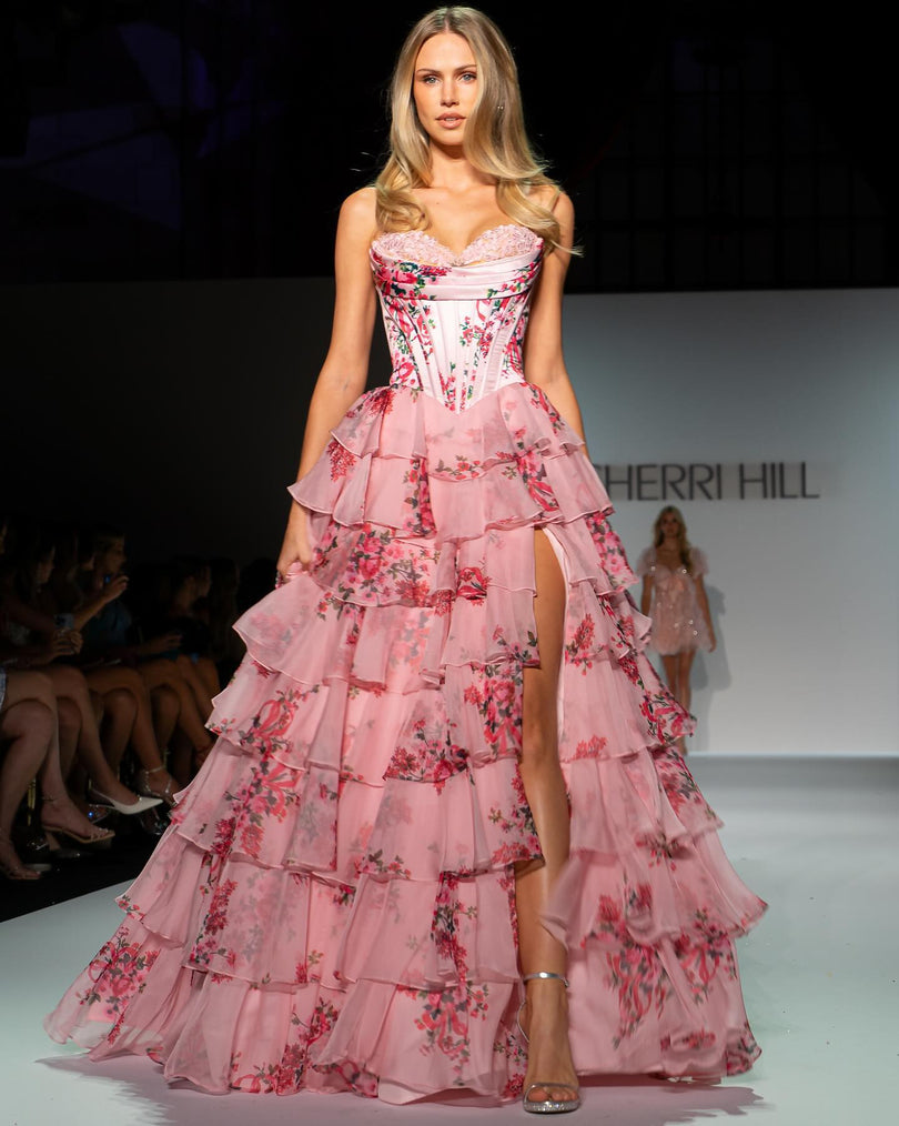 Sherri Hill Floral Print Corset Ruffle Prom Dress 57249