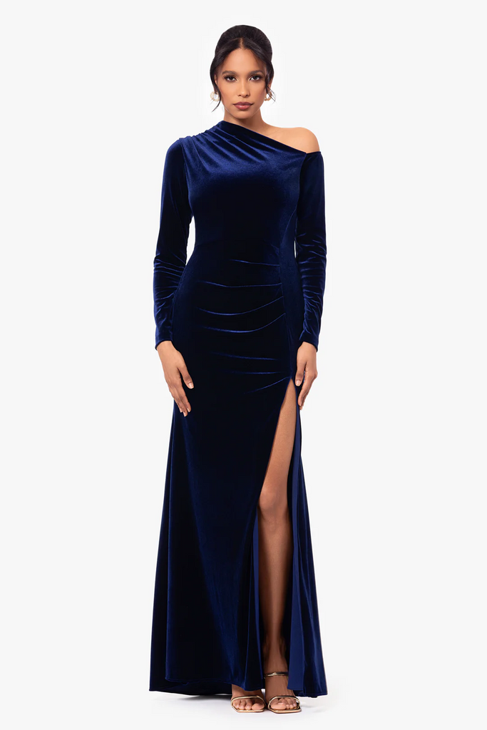 Betsy & Adam "Annette" Velvet Drop Shoulder Evening Dress A25329