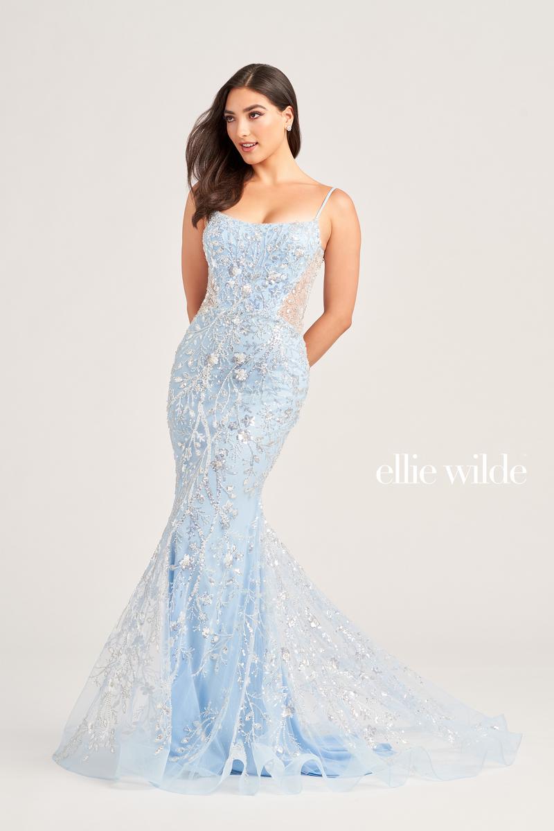 Light Blue Sheer Back Illusion Neckline Prom Dress With Lace Overlay