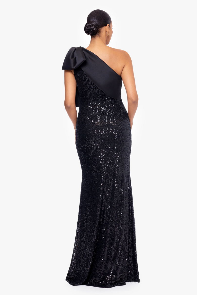 Betsy and Adam "Christy" One Shoulder Sequin Evening Dress A26865