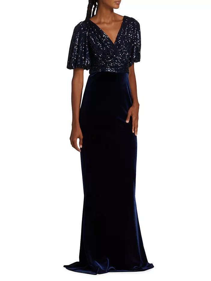 Teri Jon Velvet Sequined Short-Sleeve Gown 227300