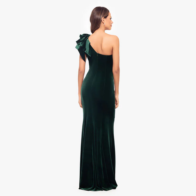 Betsy and Adam One Shoulder Velvet "Taylor" Dress A26707