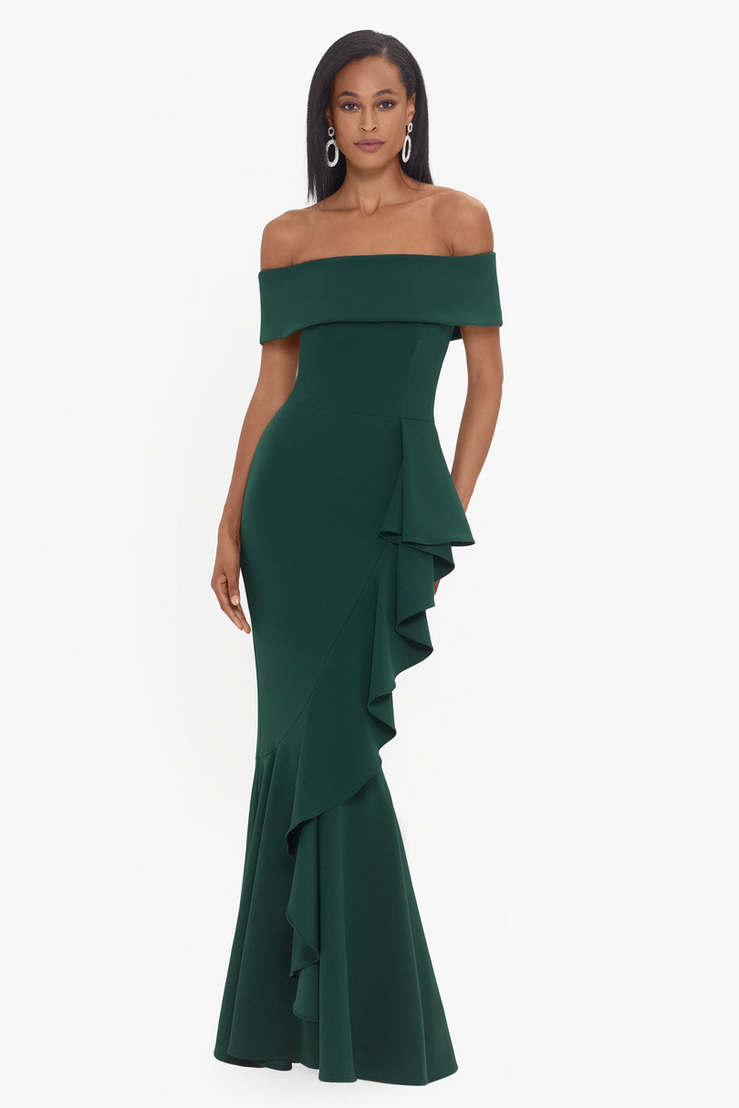 Betsy and Adam "Carina" Off the Shoulder Ruffle Evening Dress A22885