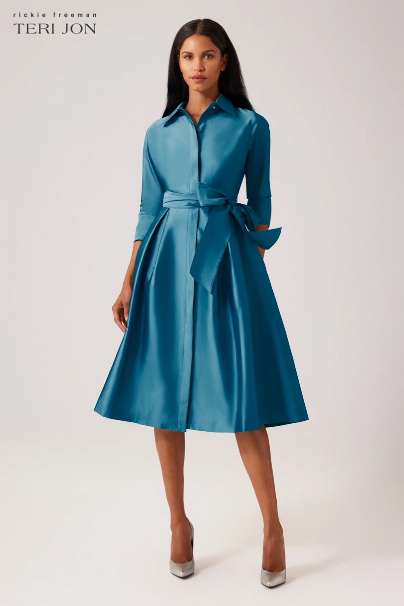 Teri Jon 3/4 Sleeve Belted Taffeta Shirtdress 69224