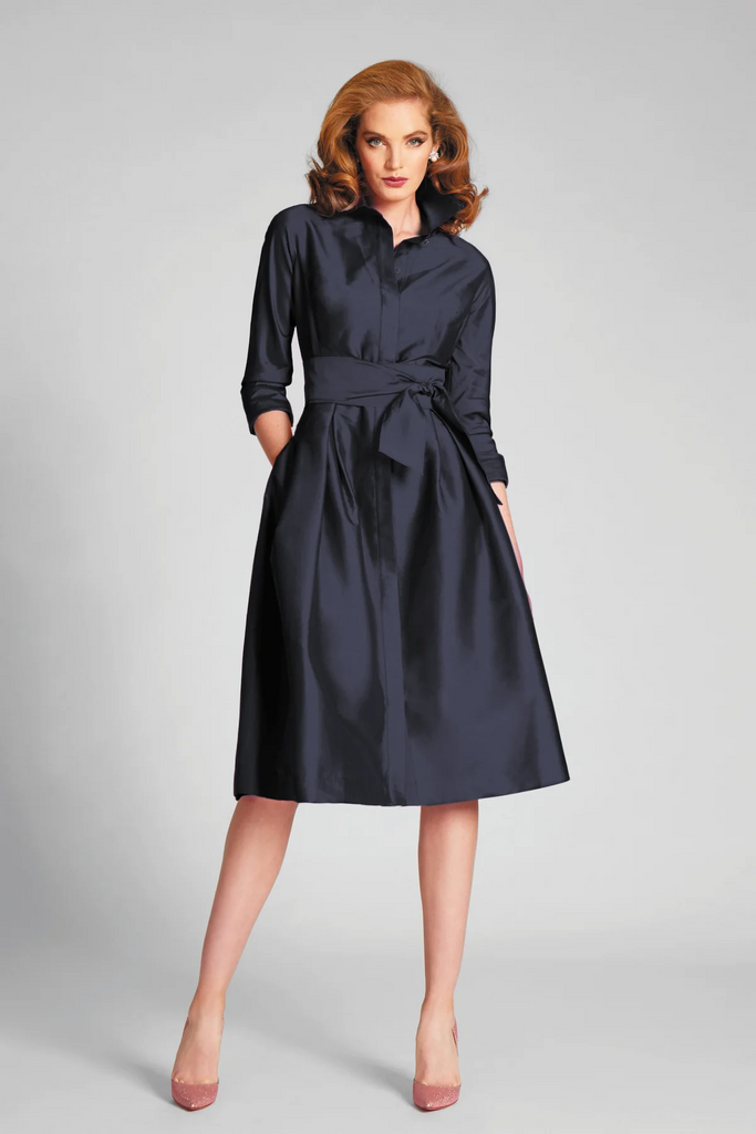 Teri Jon 3/4 Sleeve Belted Taffeta Shirtdress 69224