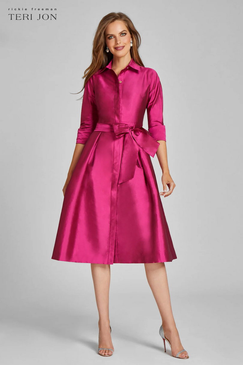 Teri Jon 3/4 Sleeve Belted Taffeta Shirtdress 69224