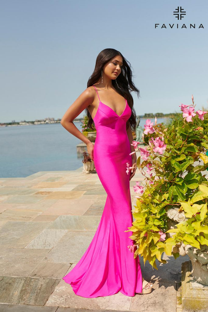 Faviana Long V-Neck Charmeuse Prom Dress S10826