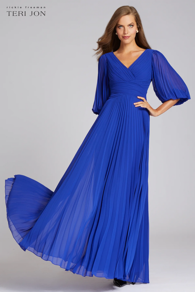 Teri Jon Pleated Chiffon Puff Sleeve Evening Dress 209098