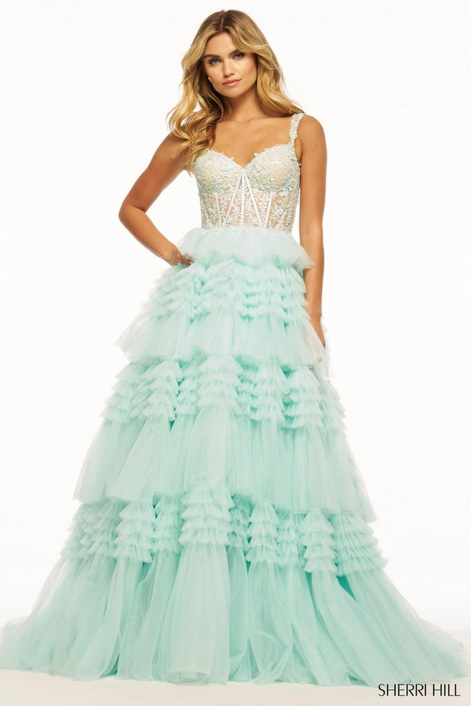 Sherri Hill Tulle Ruffle Ball Gown Prom Dress 56019