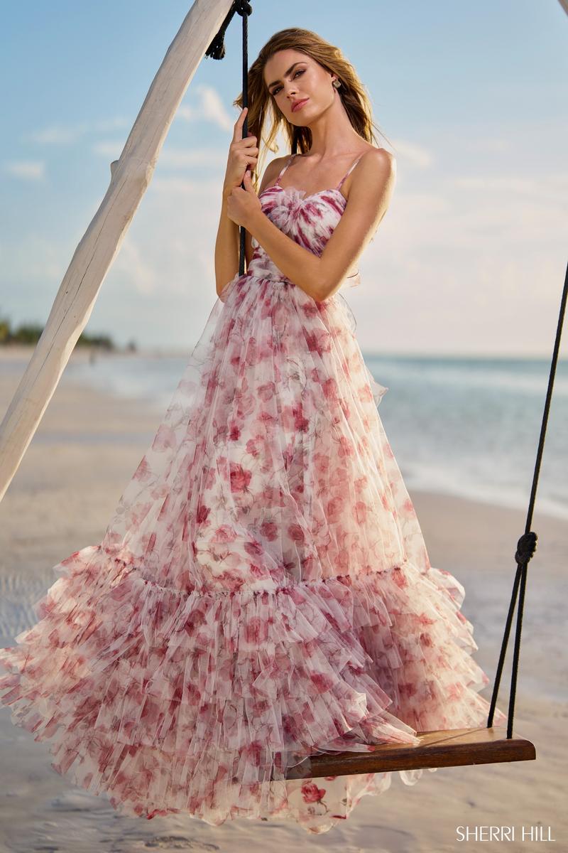 Sherri Hill Floral Print Bodysuit Bow Strap Prom Dress 56124