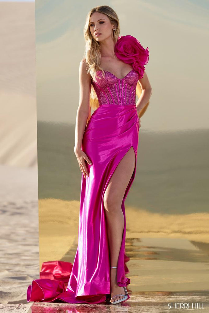 Sherri Hill 3D Floral One Shoulder Corset Gown 56764