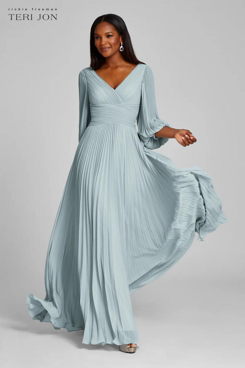 Teri Jon Pleated Chiffon Puff Sleeve Evening Dress 209098