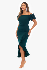 Xscape Evenings "Loretta" Scuba Crepe Off the Shoulder Ruffle Sleeve Midi Dress 5997X