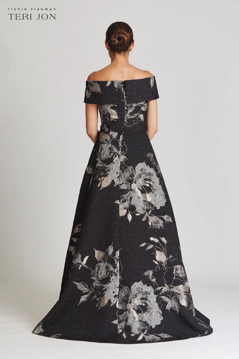 Teri Jon Floral Jacquard Off the Shoulder Gown 217048