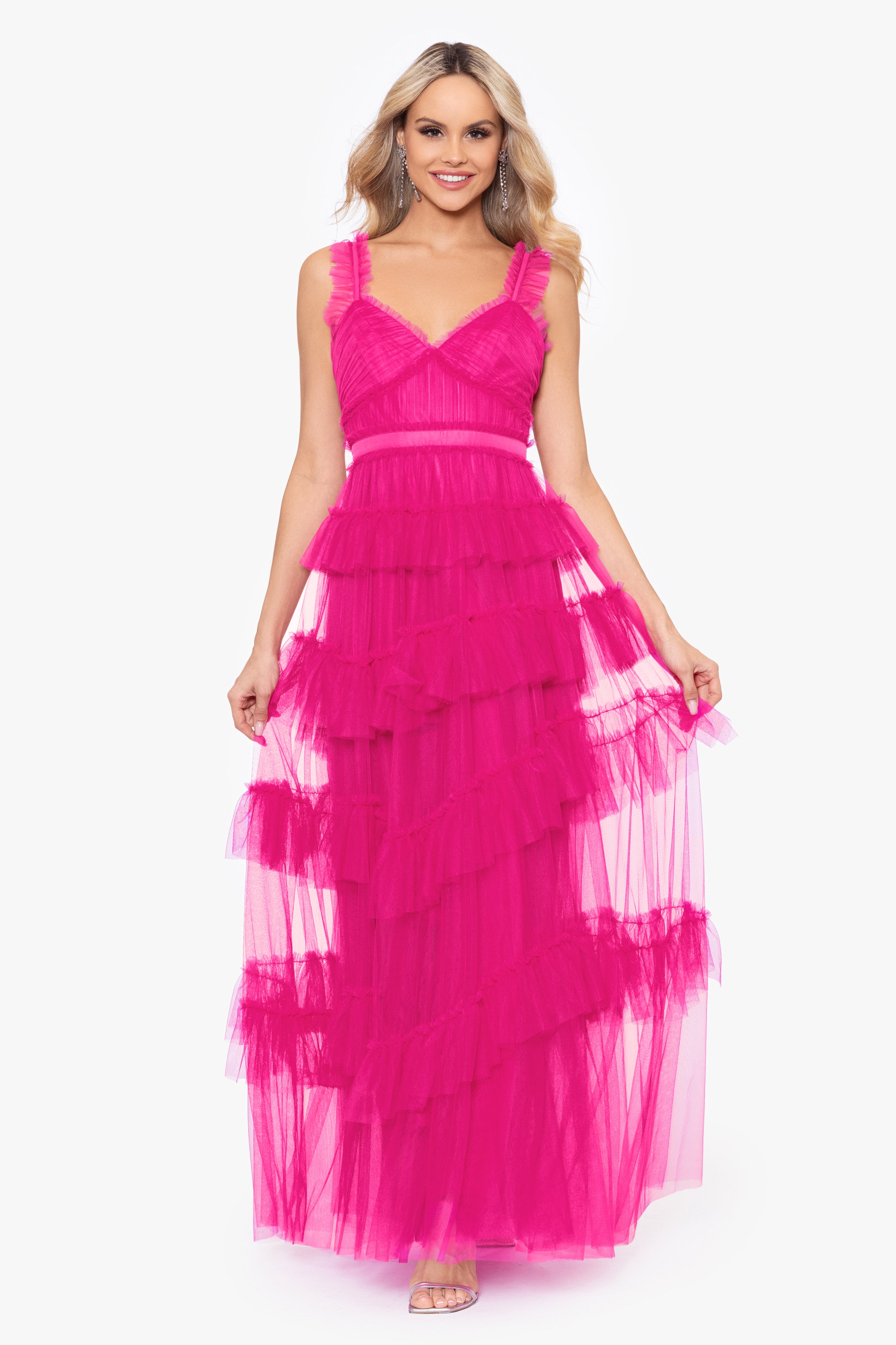 Betsy & adam outlet chiffon ruffle maxi gown