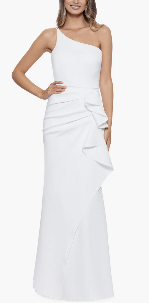 Xscape Evenings One-Shoulder Ruffled Long Fit & Flare Dress 4795X