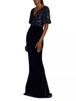 Teri Jon Velvet Sequined Short-Sleeve Gown 227300