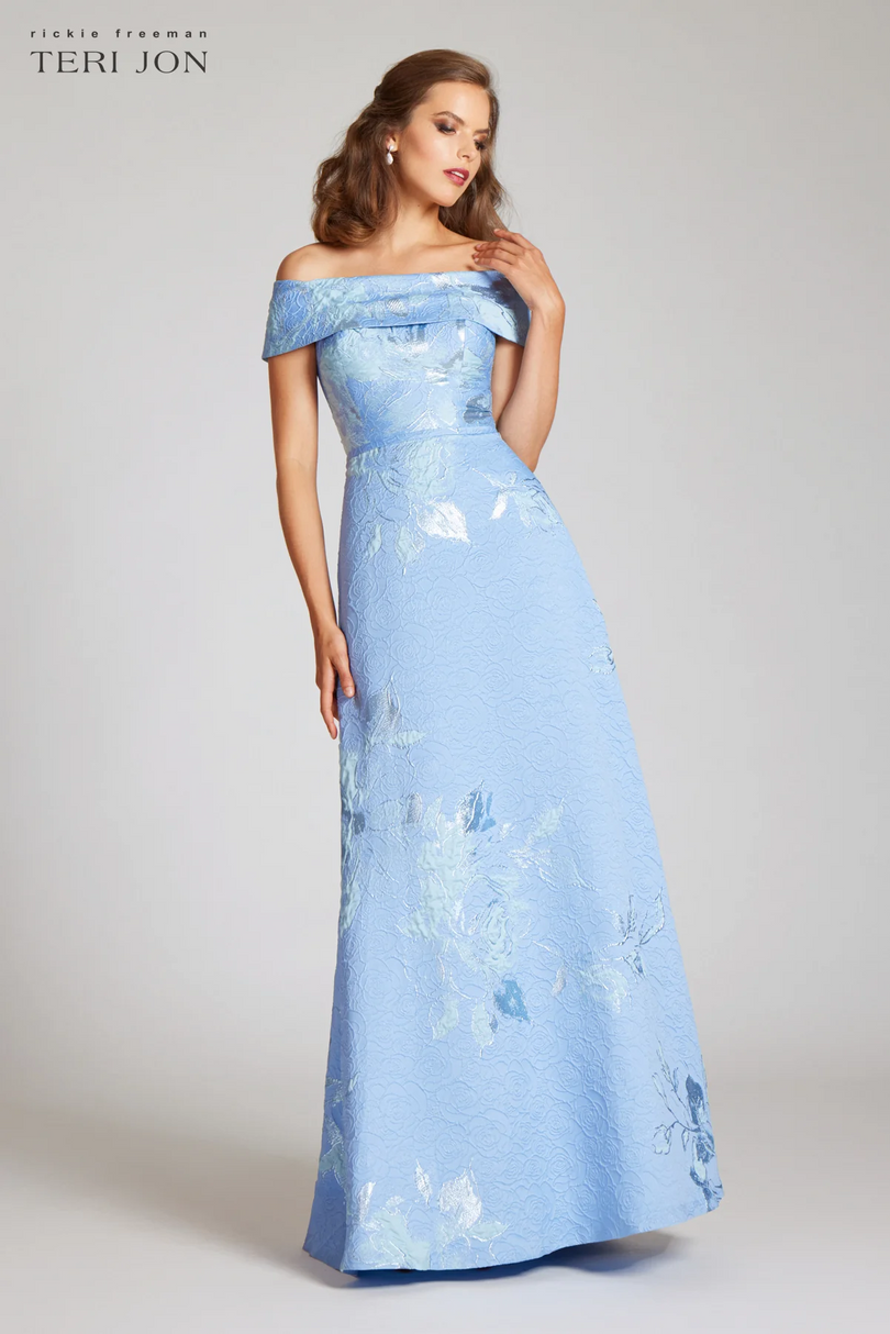 Teri Jon Floral Jacquard Off the Shoulder Gown 217048