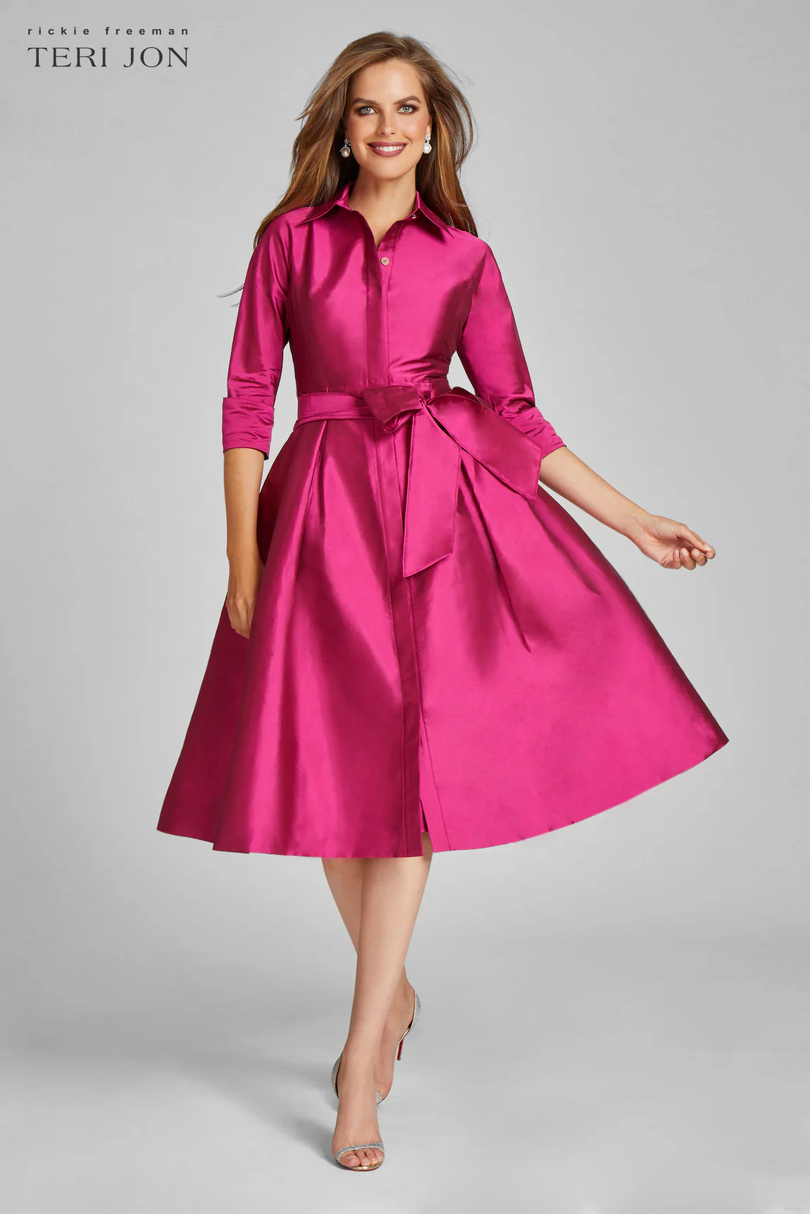 Teri Jon 3/4 Sleeve Belted Taffeta Shirtdress 69224