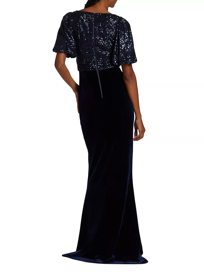 Teri Jon Velvet Sequined Short-Sleeve Gown 227300