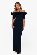 Xscape Evenings "Isla" Long Crepe Off the Shoulder Ruffle Dress 3856X