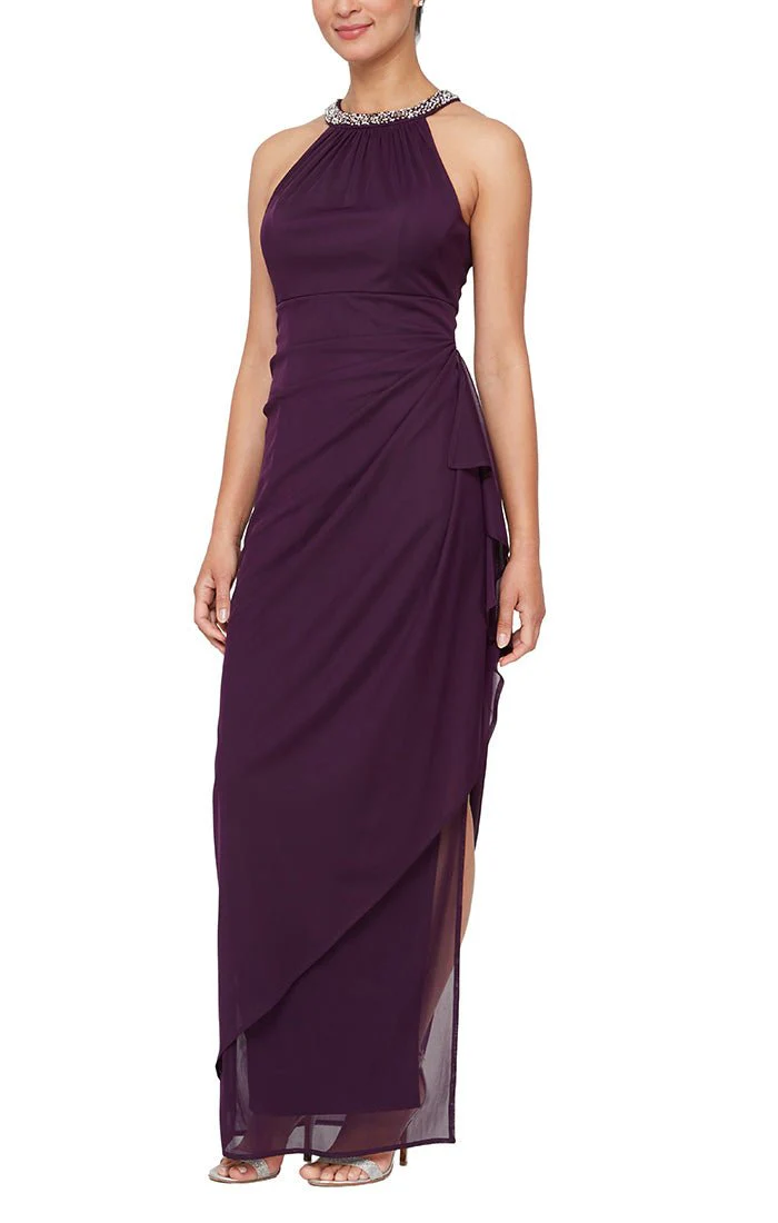 Alex Evenings Mesh Dress with Beaded Halter Neckline 8132966