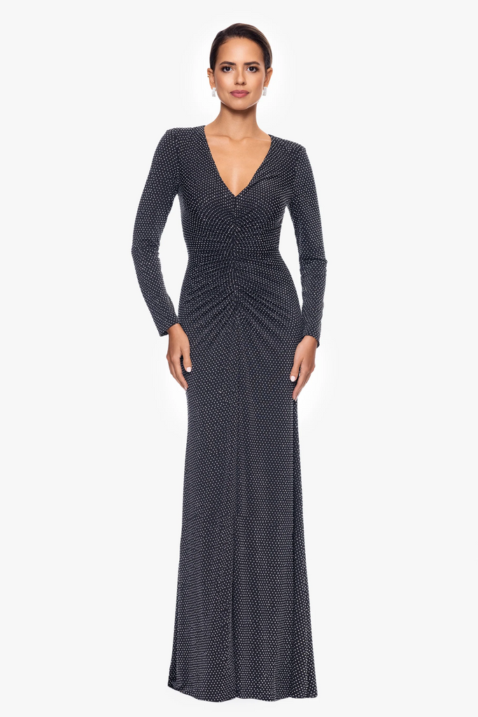 Xscape Evenings "Devin" Rhinestone Jersey Knit V-Neck Dress 6546X