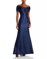 Teri Jon Jacquard Twist Bodice Off Shoulder Evening Dress 239042