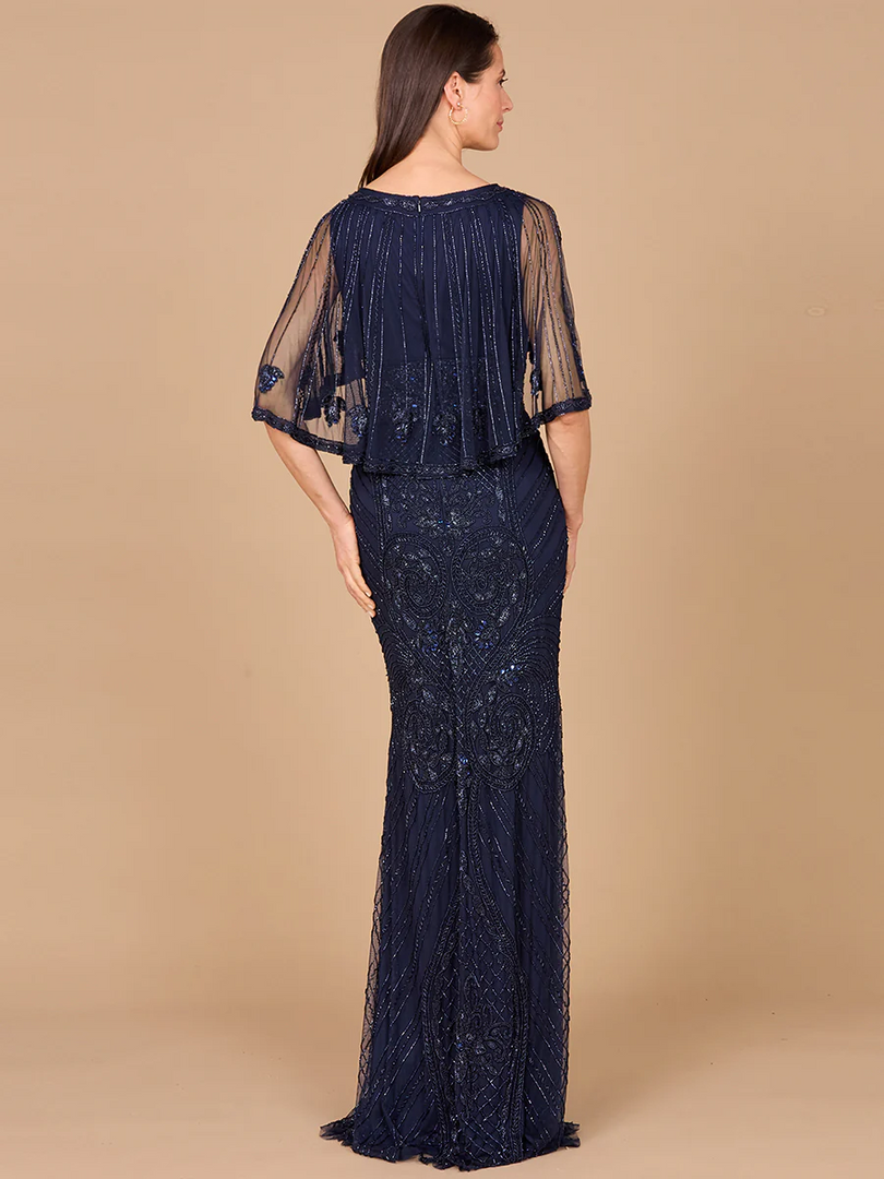 Lara Cape Sleeve V-Neck Beaded Evening Gown 29356