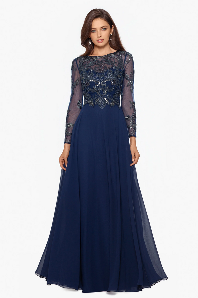 Xscape Evenings "Mason" Long Sleeve Beaded Chiffon Evening Dress 3174X