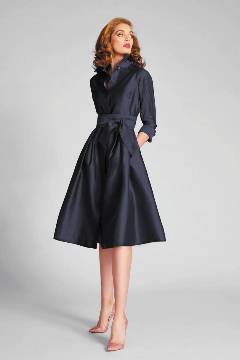 Teri Jon 3/4 Sleeve Belted Taffeta Shirtdress 69224