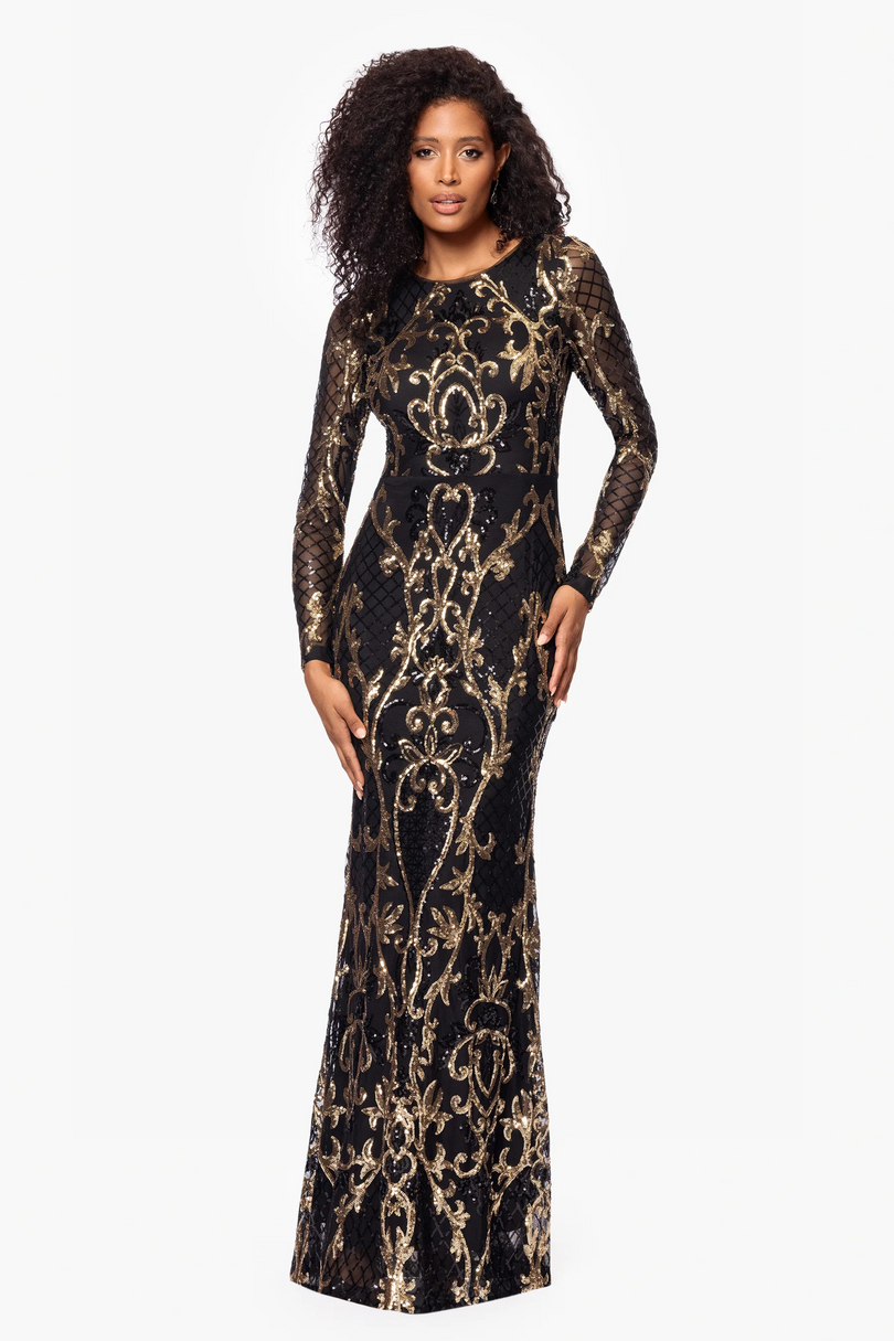 Betsy and Adam Long Sleeve Sequin "Nara" Dress A26776